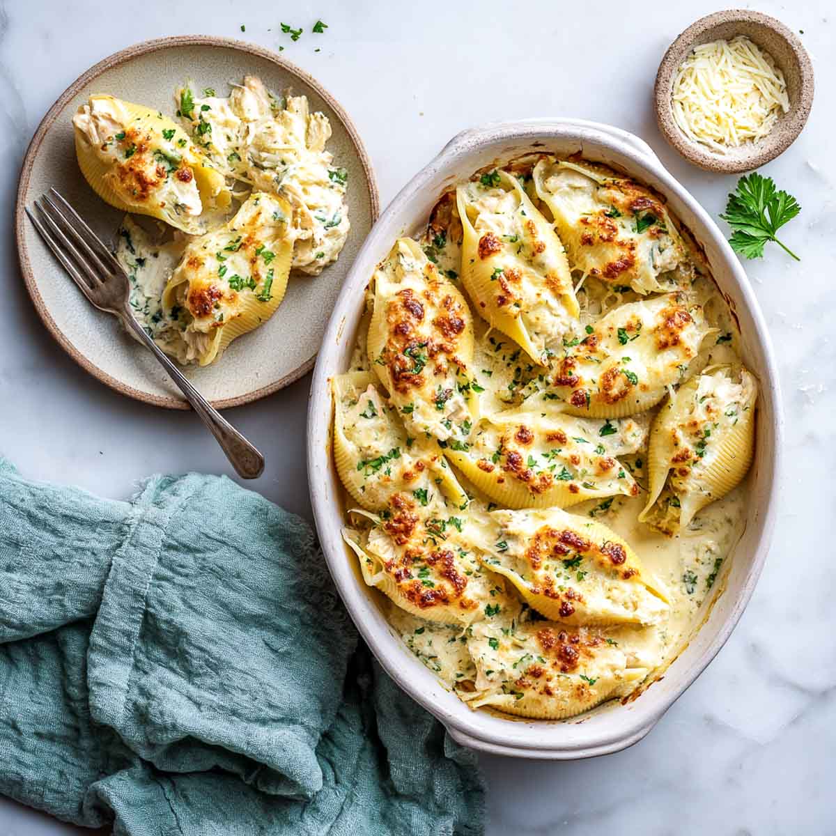 Top-down shot of baked chicken Alfredo stuffed shells with a plated serving beside the dish.