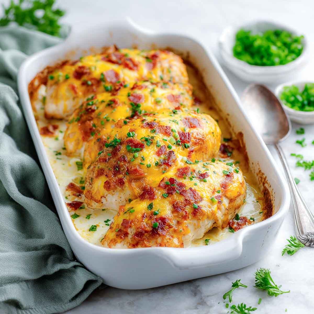 Baked chicken breasts topped with cheddar, bacon, and green onions.