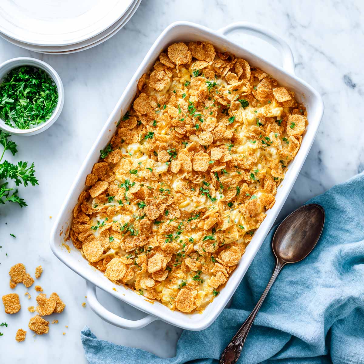 Golden cracker-topped chicken casserole in a white baking dish with parsley garnish.