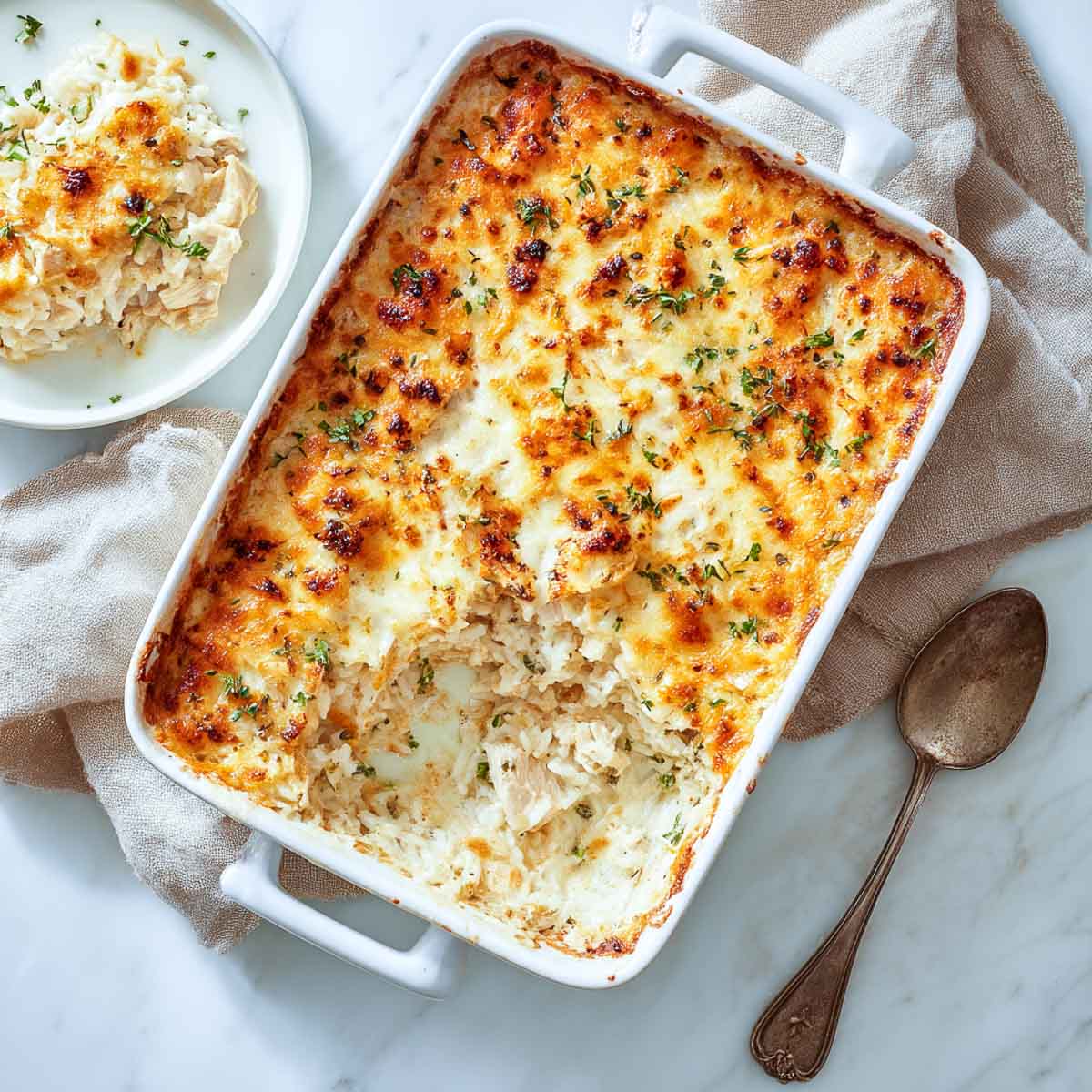 Golden baked chicken and rice casserole with creamy, cheesy topping.
