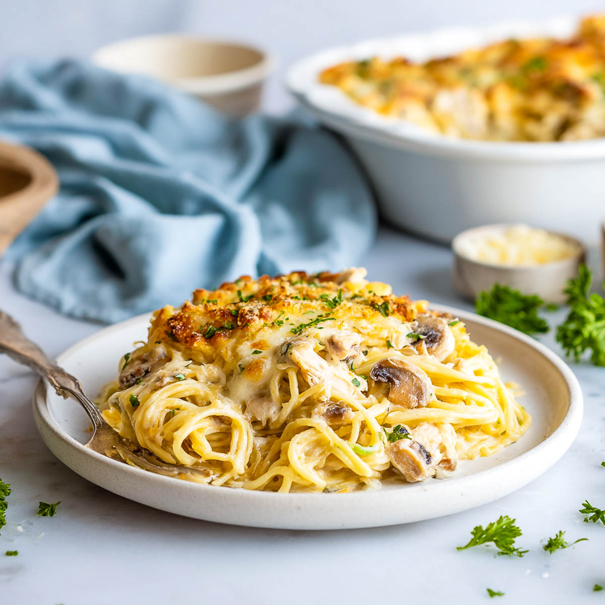 Creamy chicken tetrazzini with mushrooms and golden cheese topping on plate.