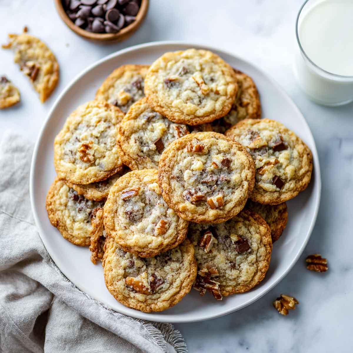 Golden chocolate chunk cookies with pecans on a white plate beside milk.