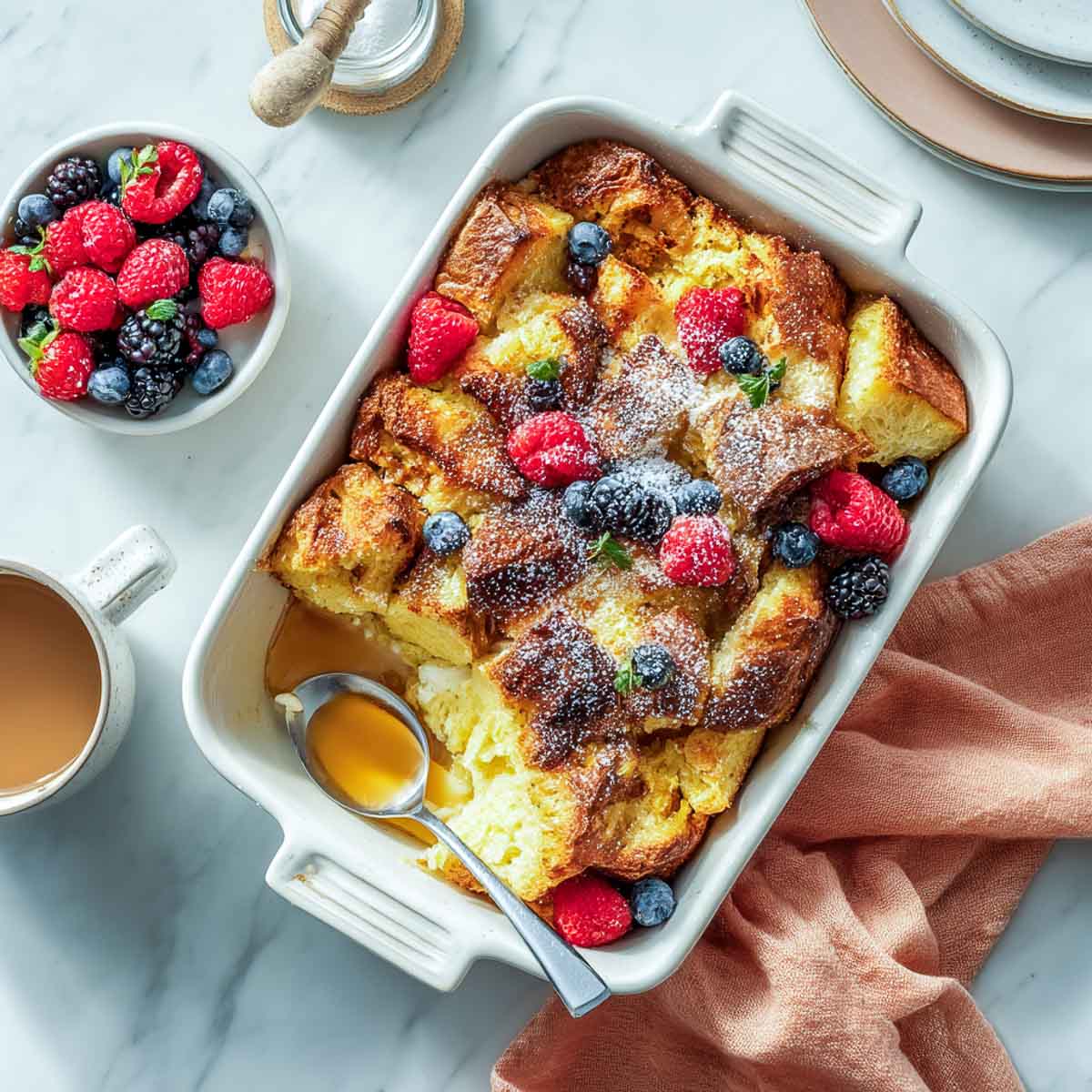 Buttery million dollar brioche French toast bake topped with berries and maple syrup.
