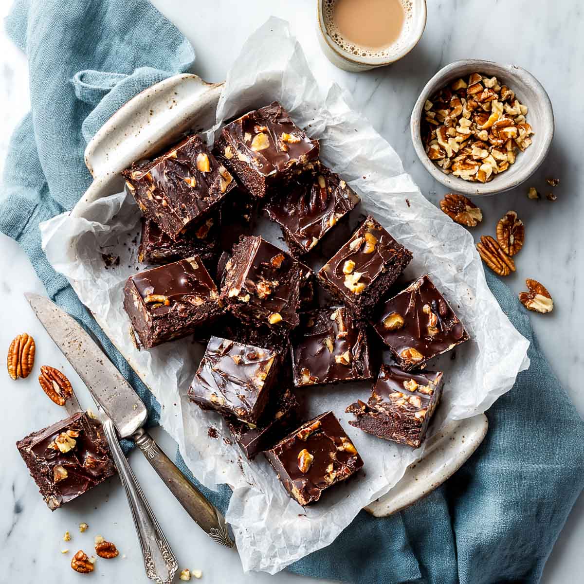 Thick chocolate fudge squares with pecans in a tray, styled with a knife and coffee.