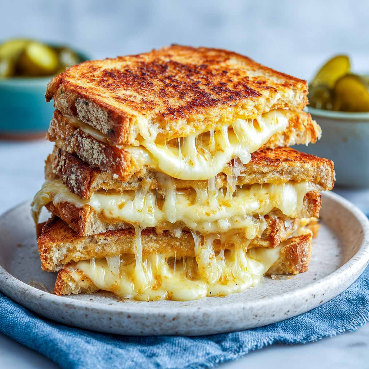 Golden million dollar grilled cheese sandwich with stretchy melted cheese and crisp edges.