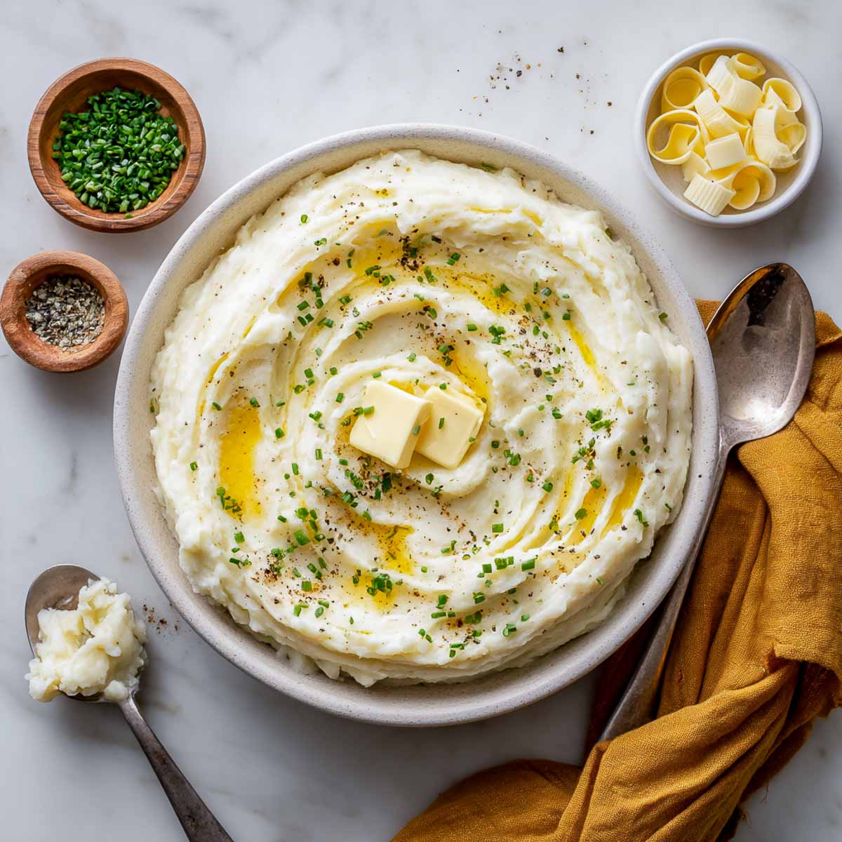 Million dollar creamy mashed potatoes with butter and chives in a bowl, surrounded by spices and spoons.