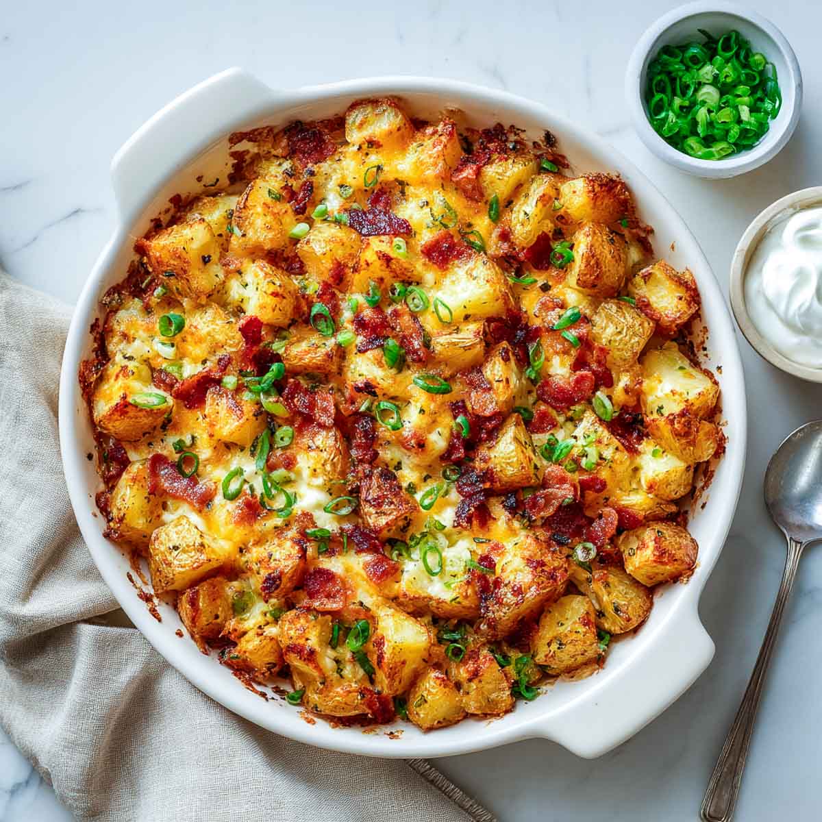 Golden million dollar roasted potatoes baked with cheese, bacon, and green onions.