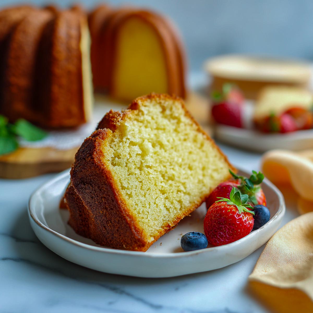 Thick slice of golden million dollar pound cake with berries on a white plate and bundt cake behind.