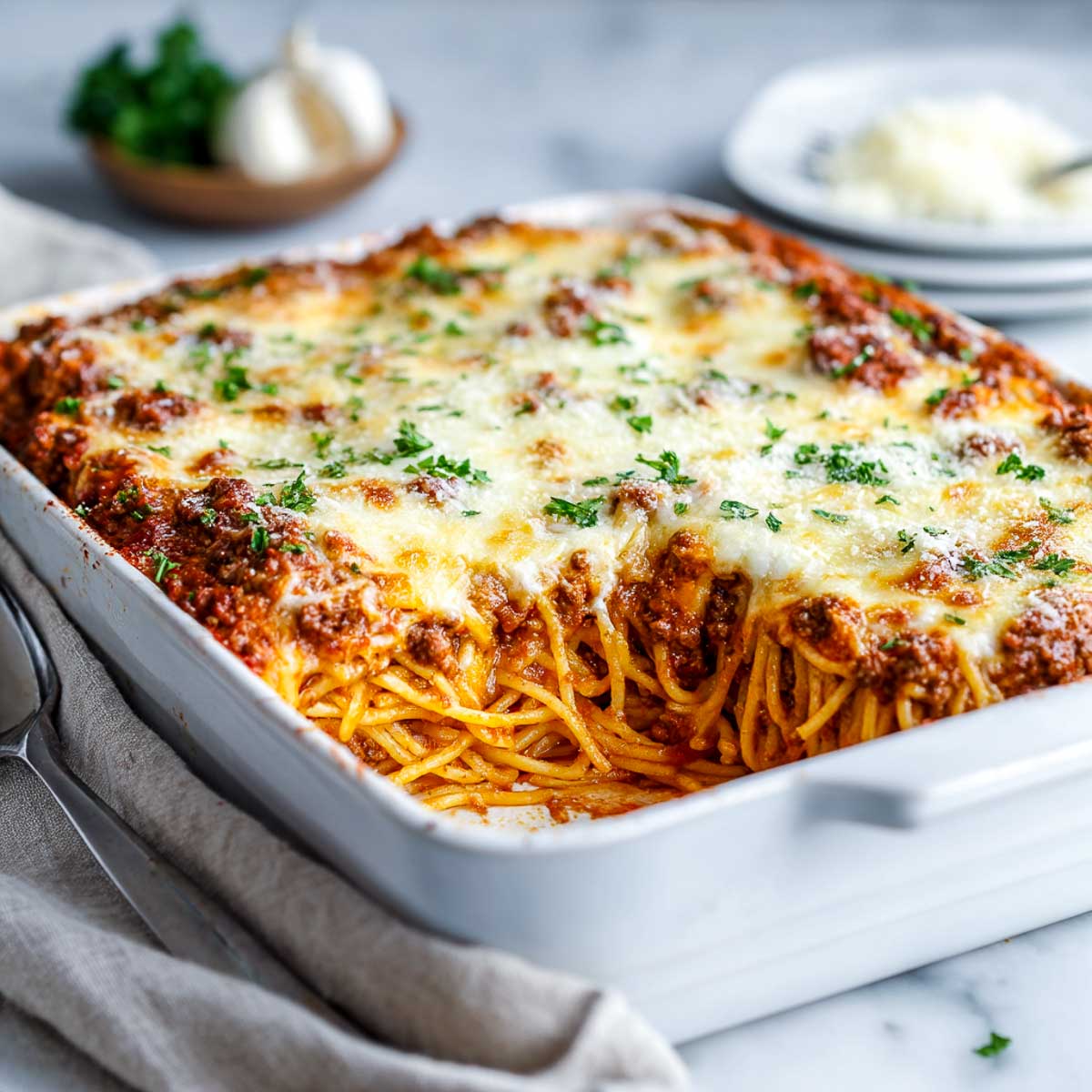 Cheesy baked spaghetti casserole with meat sauce in a white ceramic dish.