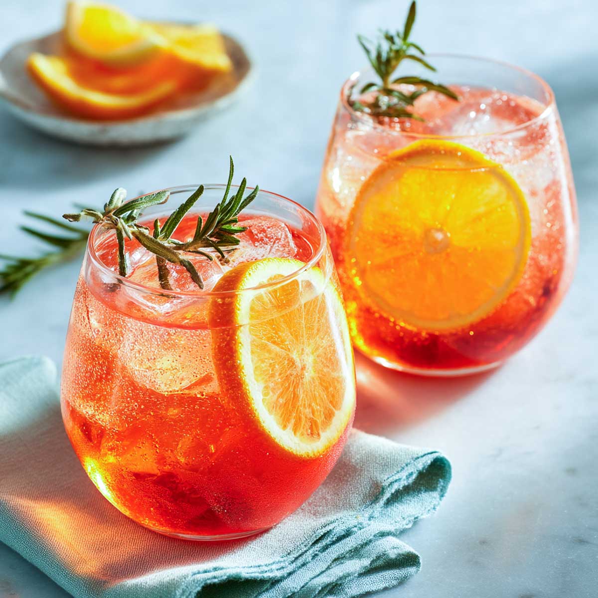 Two mocktail Aperol spritz drinks with orange slices and rosemary on marble surface.