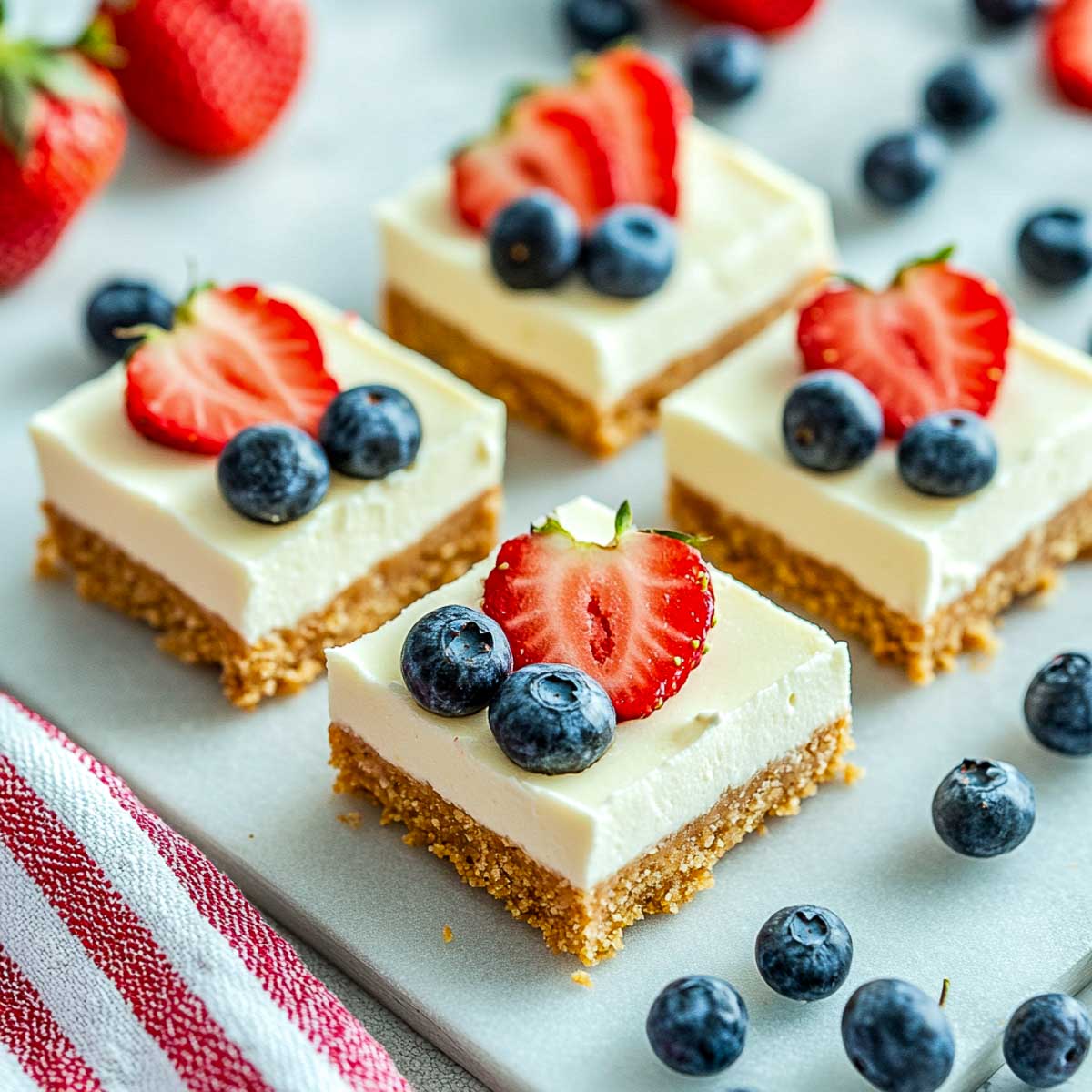 No-bake cheesecake bars topped with strawberries and blueberries on marble background.