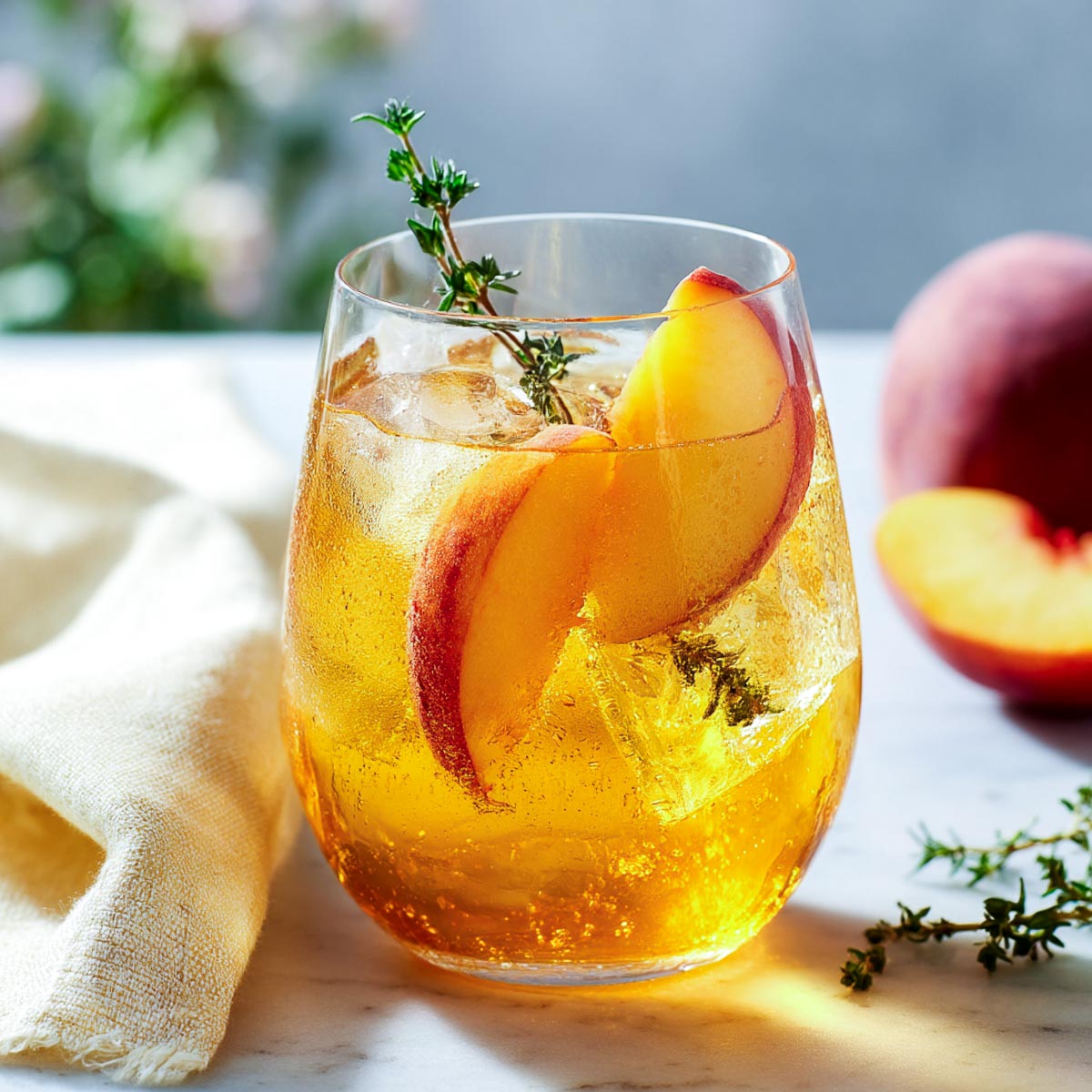 Peach Aperol Spritz with peach slices and thyme on marble.