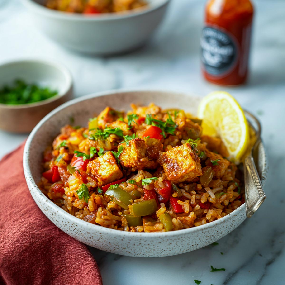 Plant-based jambalaya with tempeh, bell peppers, and lemon wedge in a ceramic bowl.