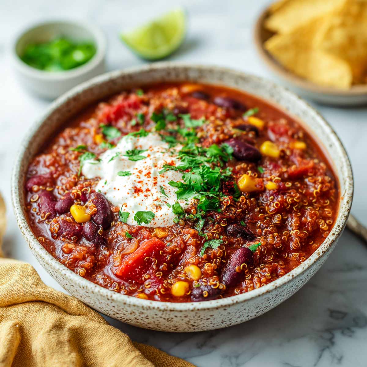 Quinoa chili in a ceramic bowl topped with sour cream and fresh herbs.