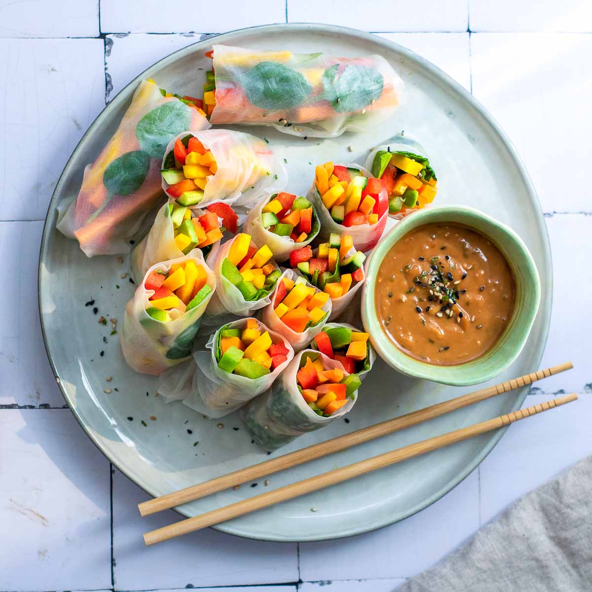 Rolled rice paper rolls ready to be served.