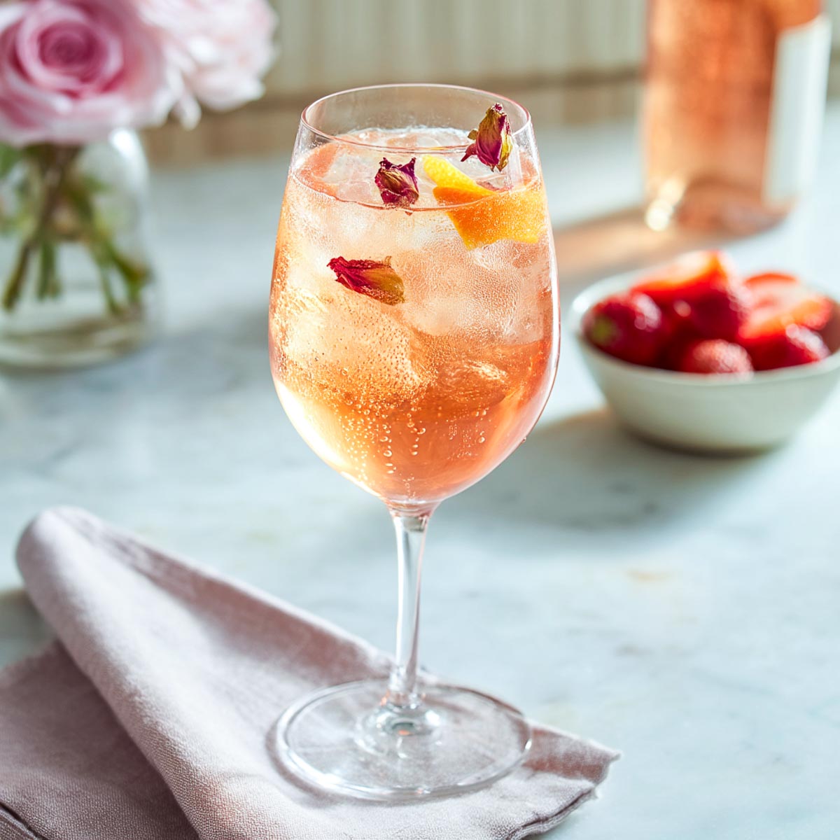 Rosé Aperol Spritz with rose petals and lemon twist on marble.