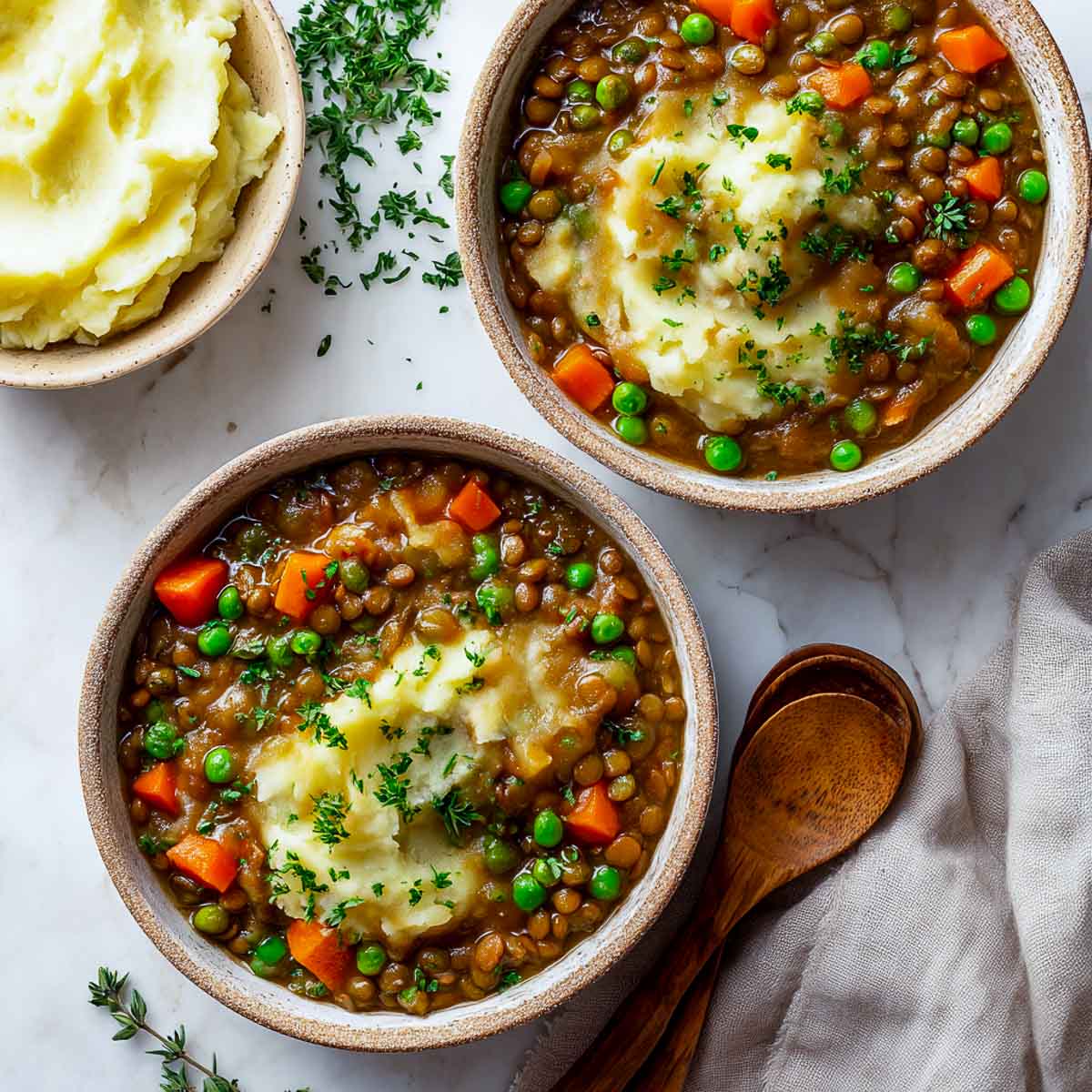 Vegan shepherd’s pie filling served with mashed potatoes on ceramic plate.