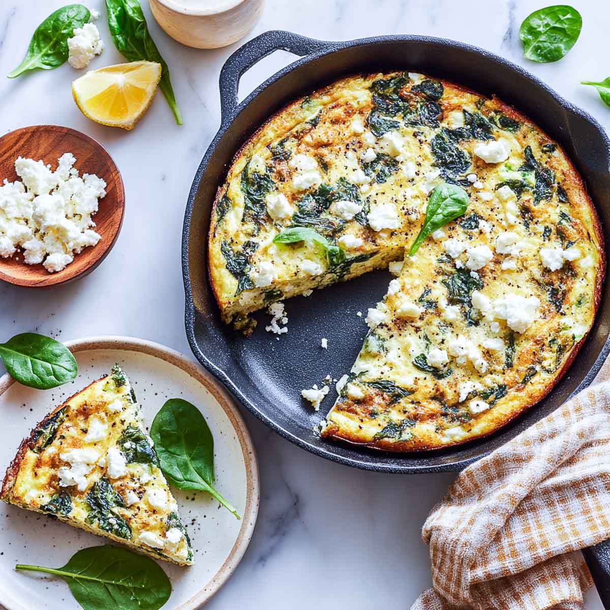 Spinach and feta frittata in cast iron skillet with one slice plated.