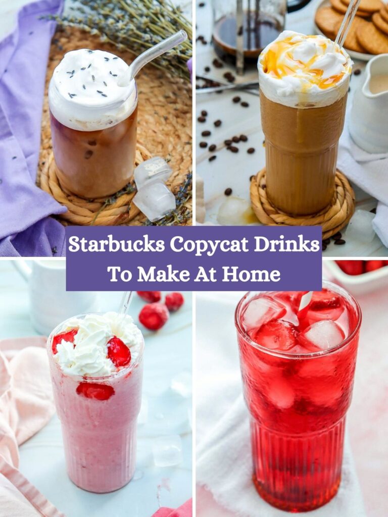 Collage of Starbucks copycat drinks made at home, including iced coffee, frappuccino, and refresher.