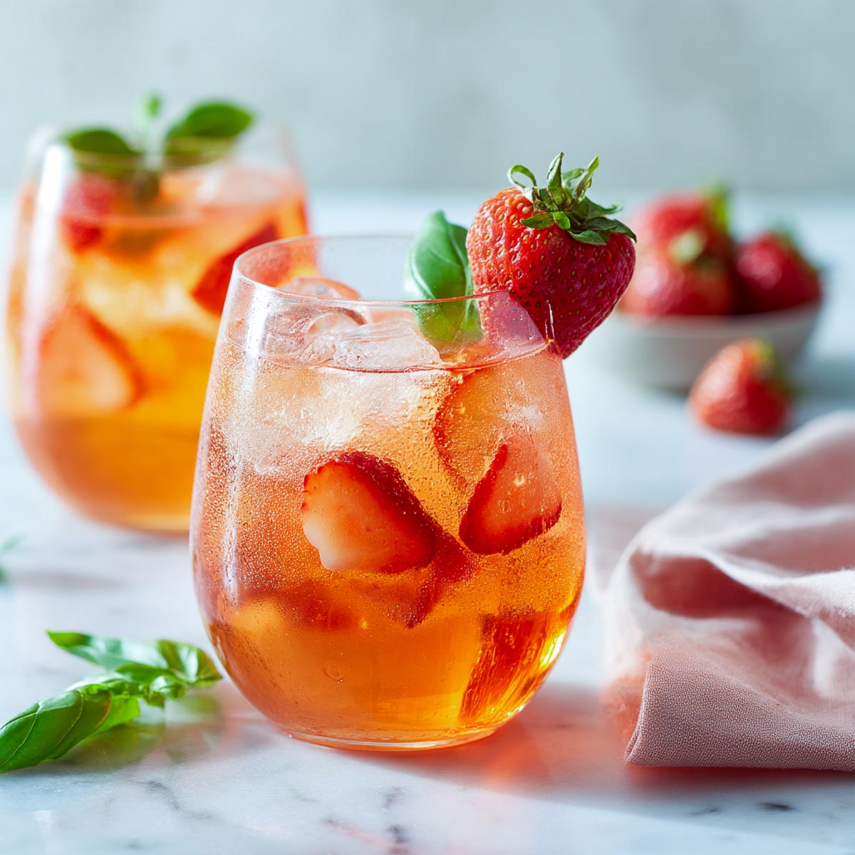 Strawberry Aperol Spritz with fresh berries and basil on marble.