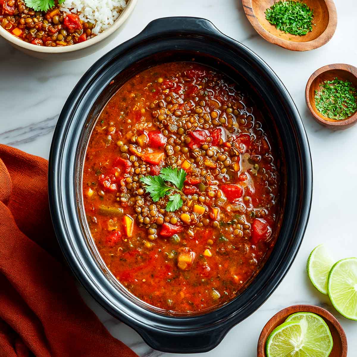 Stuffed pepper soup simmering in a black crockpot with rice and lime wedges.