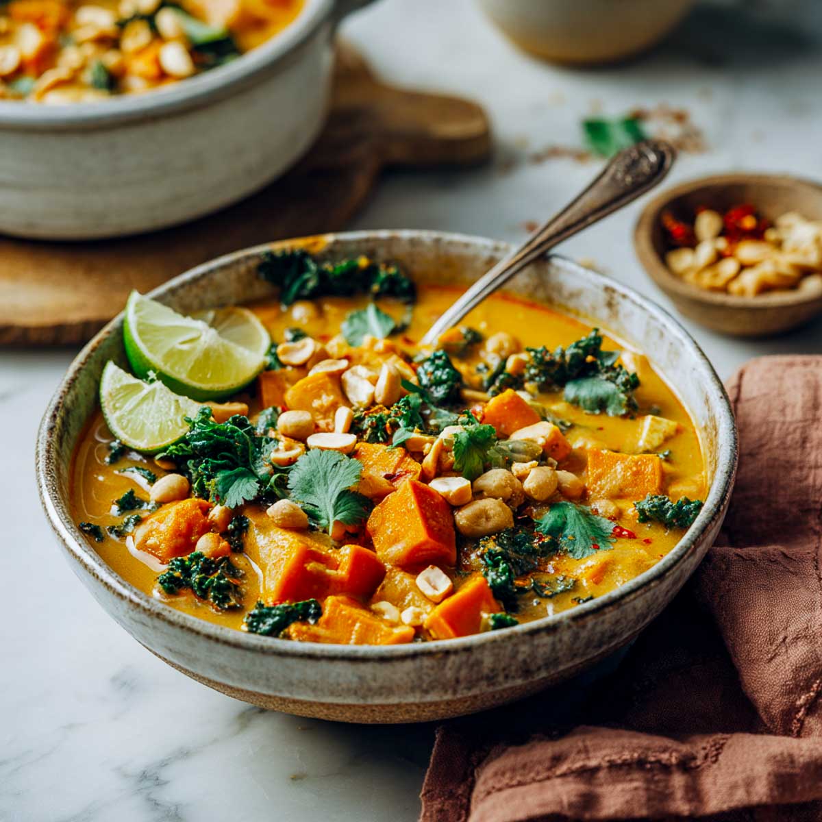 Side-angle shot of creamy Thai peanut stew with chickpeas, kale, and sweet potatoes.