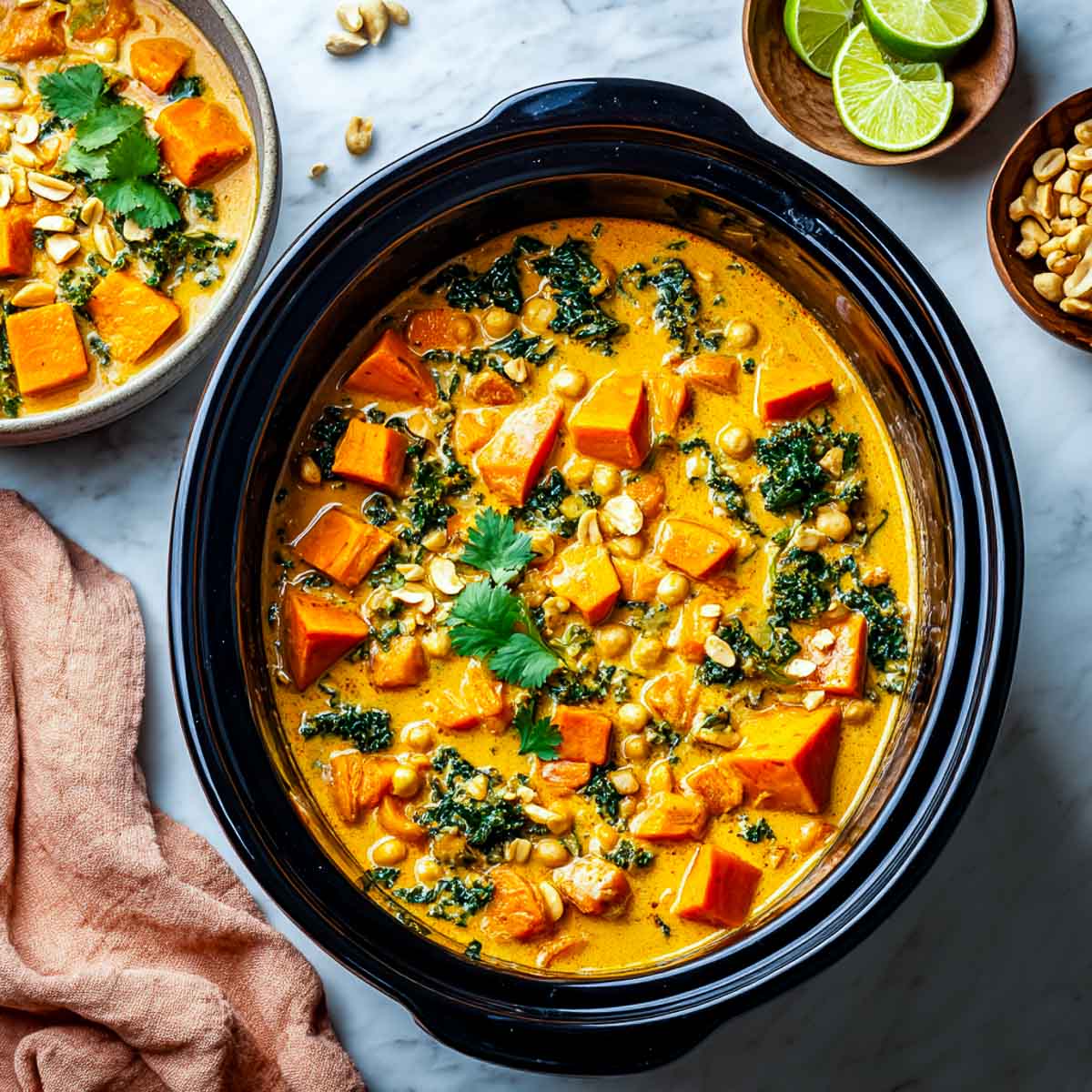 Top-down view of Thai peanut stew in a black Crockpot with chopped peanuts and fresh herbs.