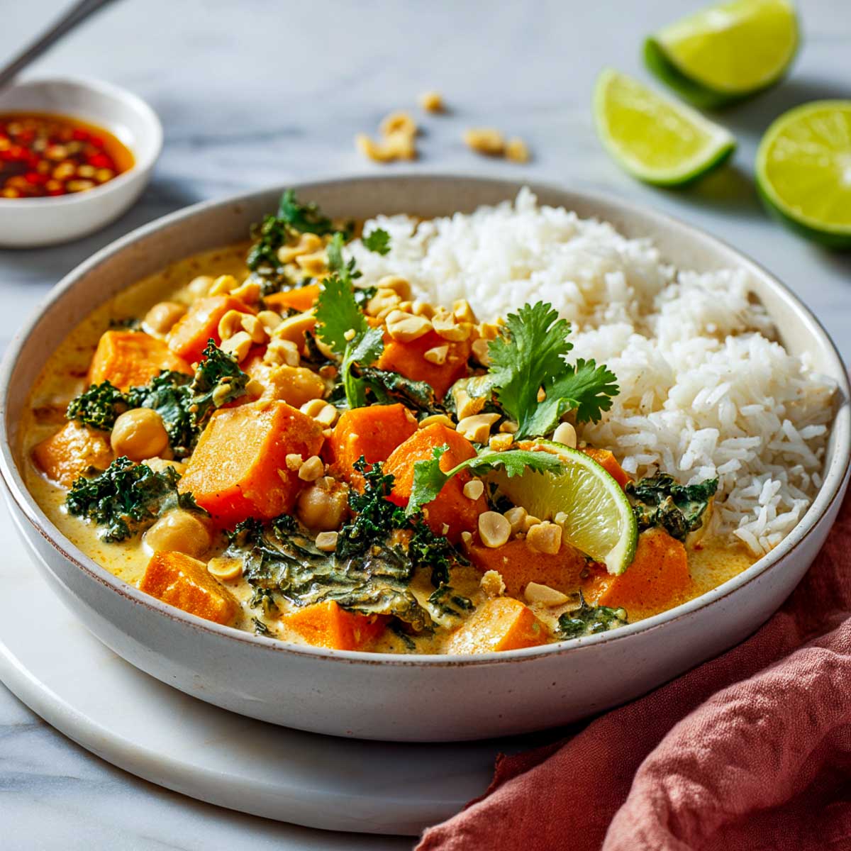 Thai peanut stew served with steamed rice, topped with cilantro and crushed peanuts.