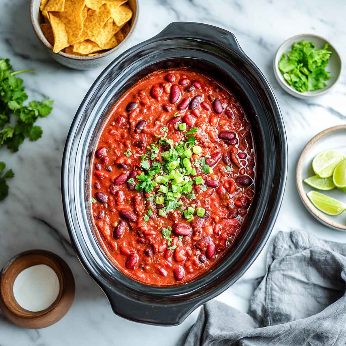 Three-bean chili in a black crockpot topped with green onion and cilantro, with lime and tortilla chips on the side.