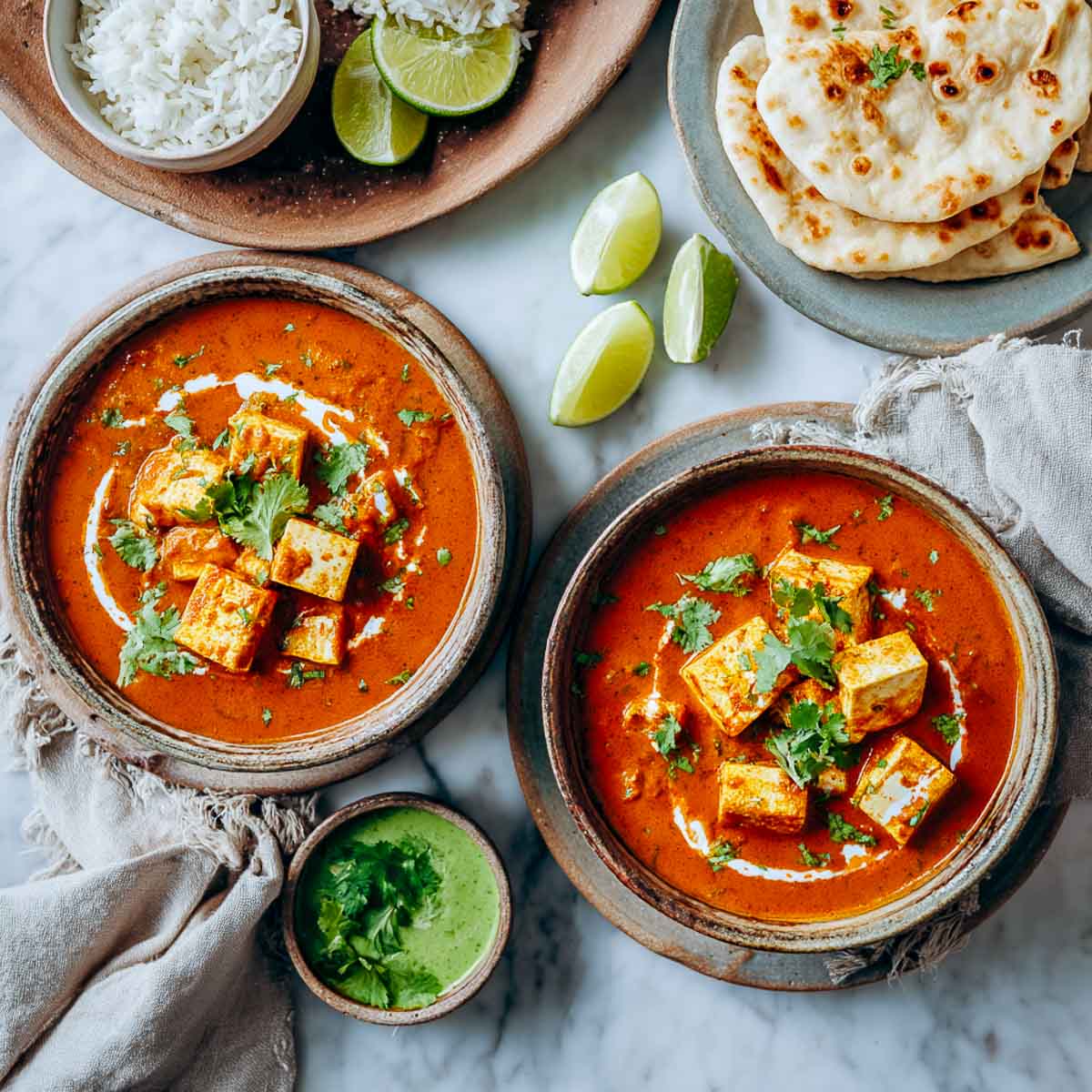 Two rustic bowls of tofu tikka masala with cilantro garnish and rice on the side.