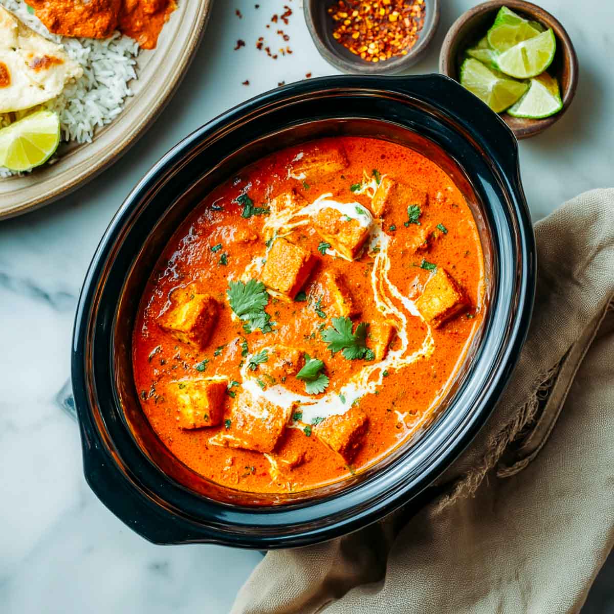 Top-down view of tofu tikka masala simmering in a black oval Crockpot with lime wedges.