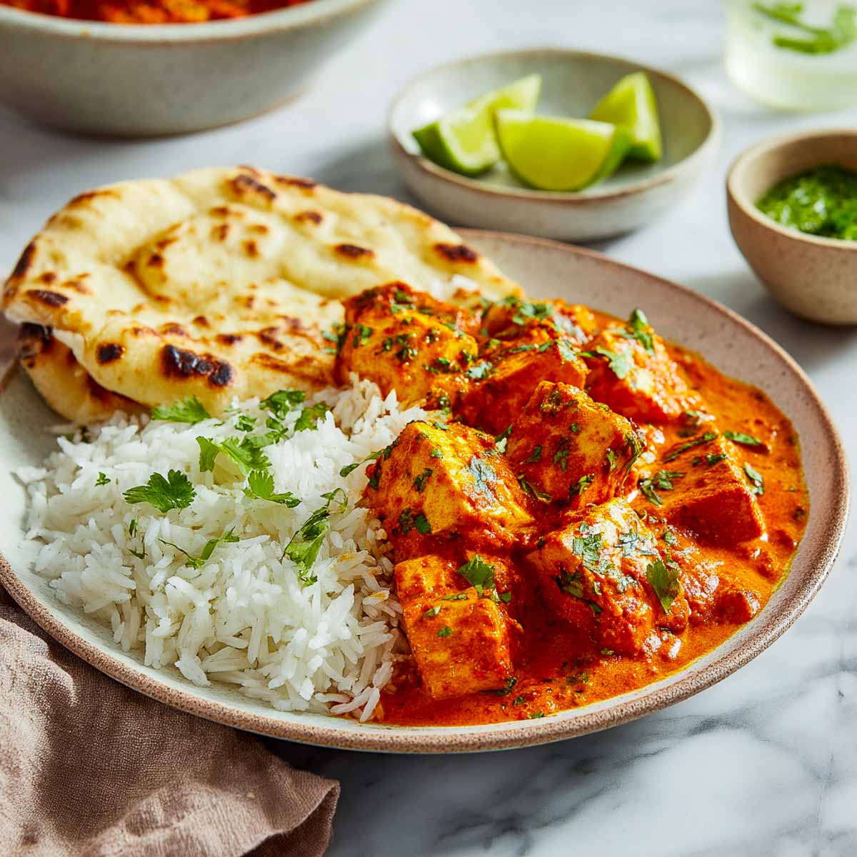 Plate of tofu tikka masala with rice, naan, and lime wedges in a cozy table setting.