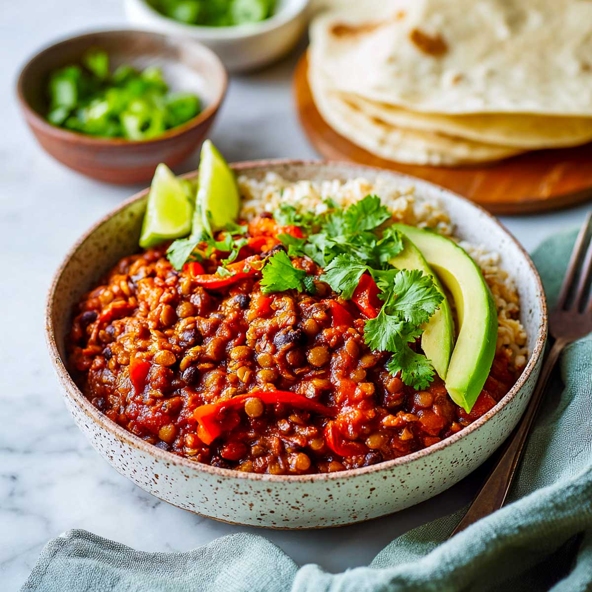 High-protein vegan burrito bowl with lentils, rice, beans, avocado, and lime on rice.
