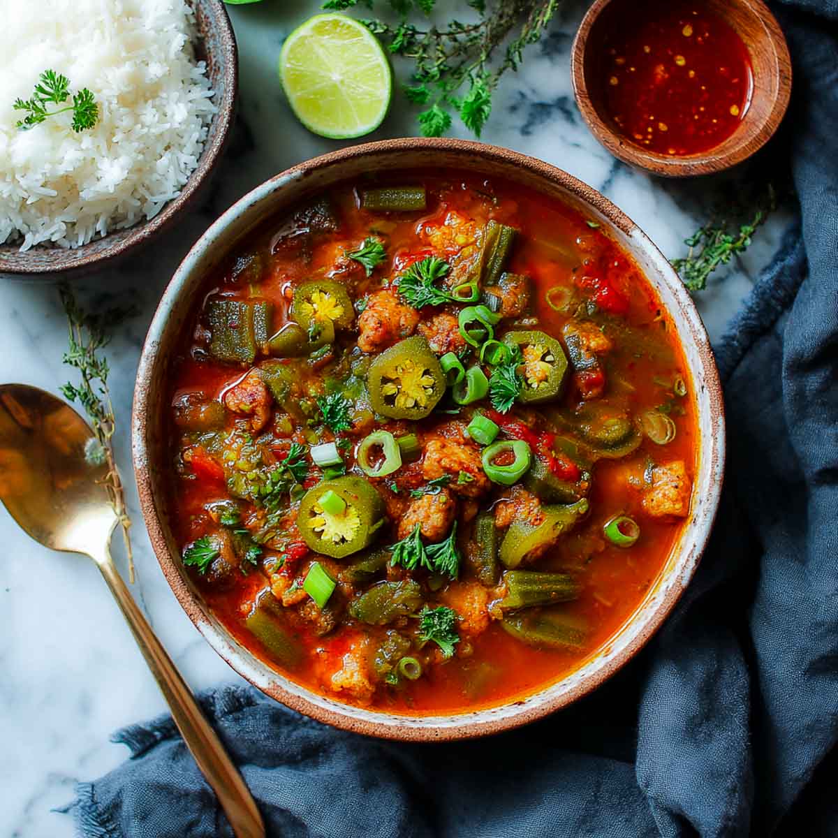 Rustic ceramic bowl with vegan gumbo and rice, garnished with parsley and green onion, lime and hot sauce in the background.
