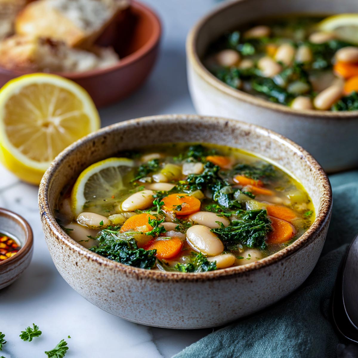 Rustic ceramic bowl filled with white bean and kale soup, featuring carrots, lemon slice, and herbs on a marble surface.