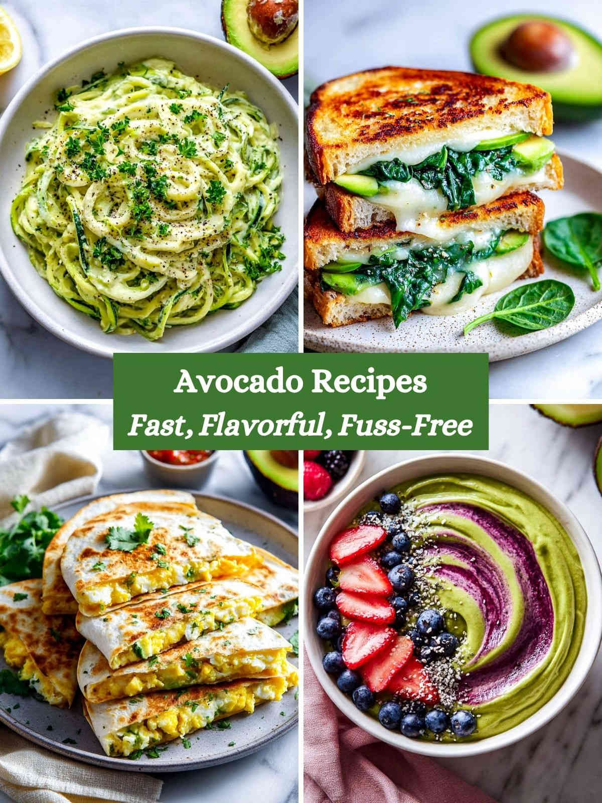 A four-image collage of avocado recipes.