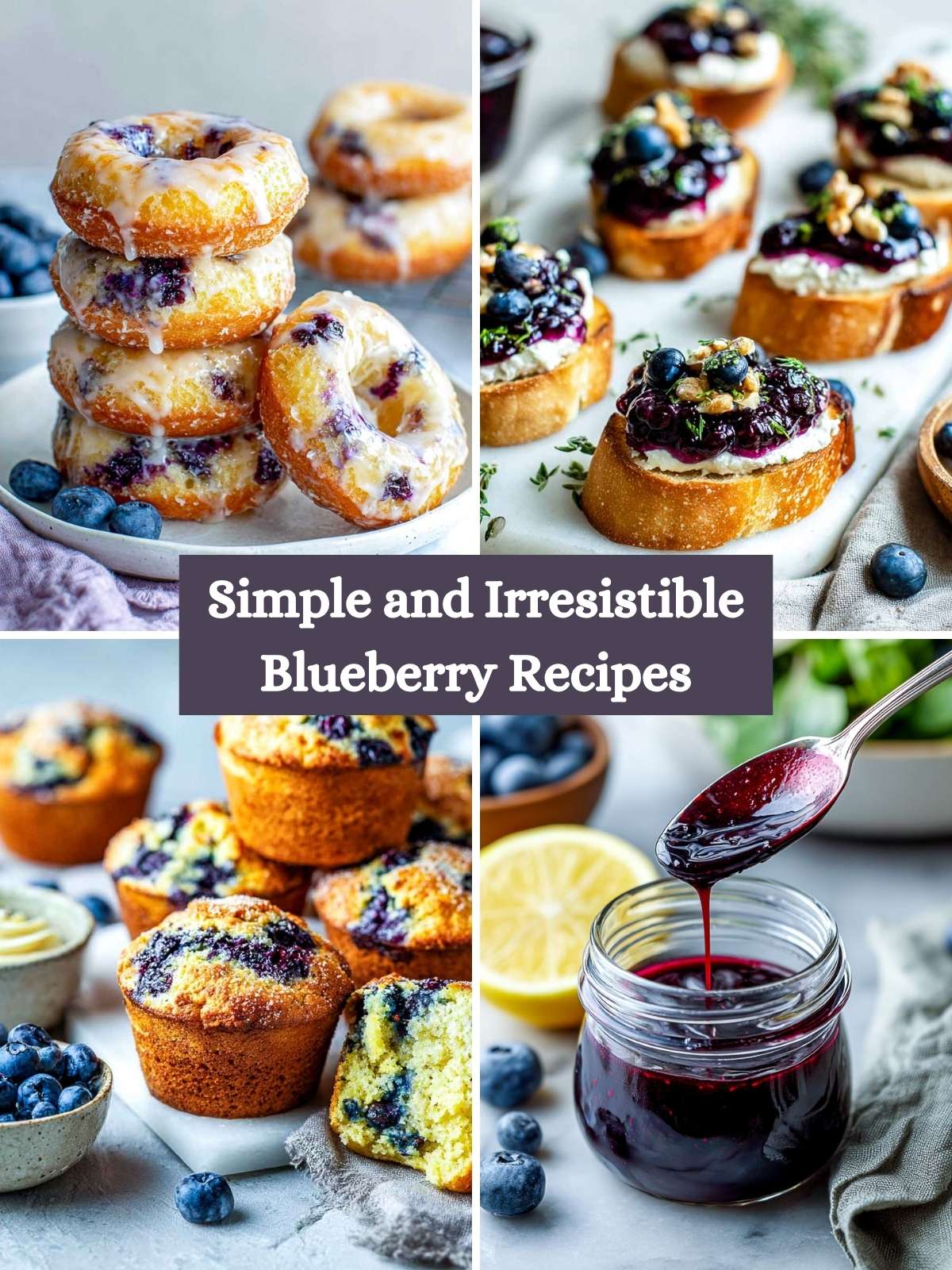 Four-image collage of blueberry recipes.