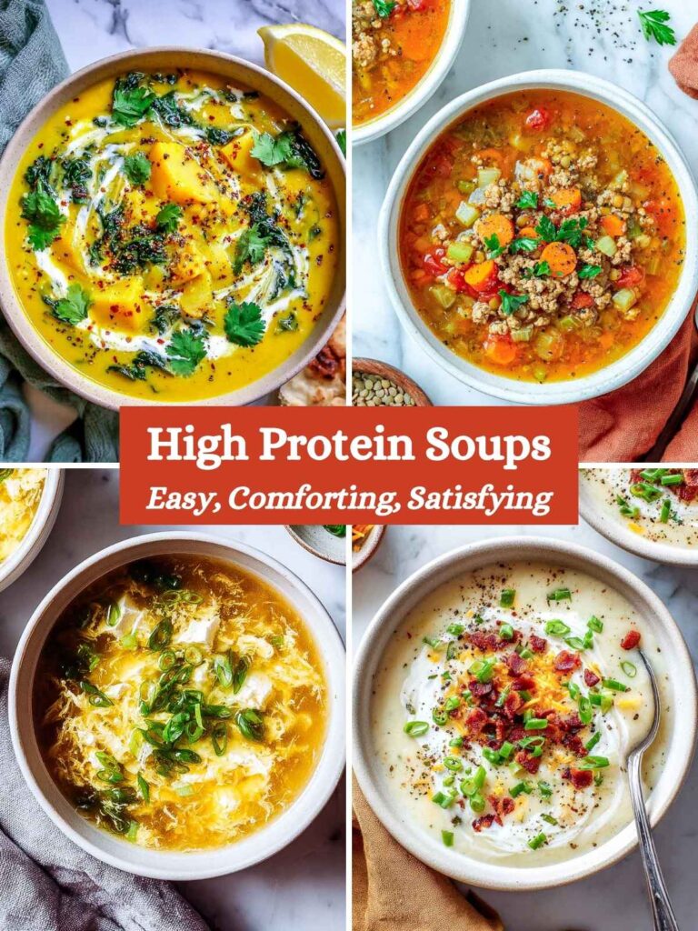 A four-image collage of high protein soups.