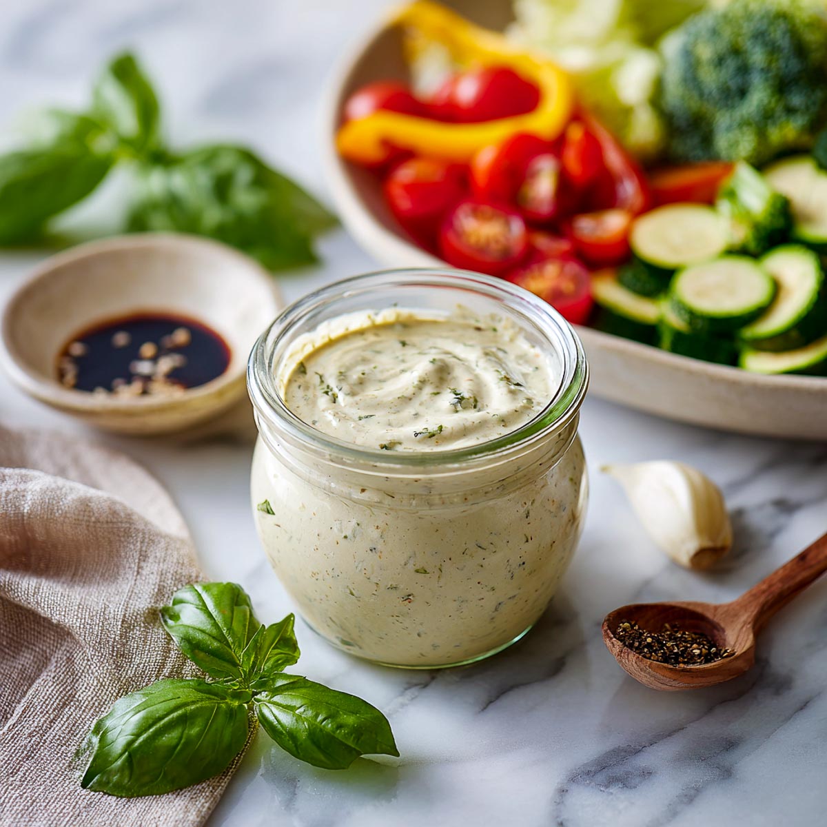 Jar of balsamic basil yogurt marinade with garlic and raw vegetables in background.