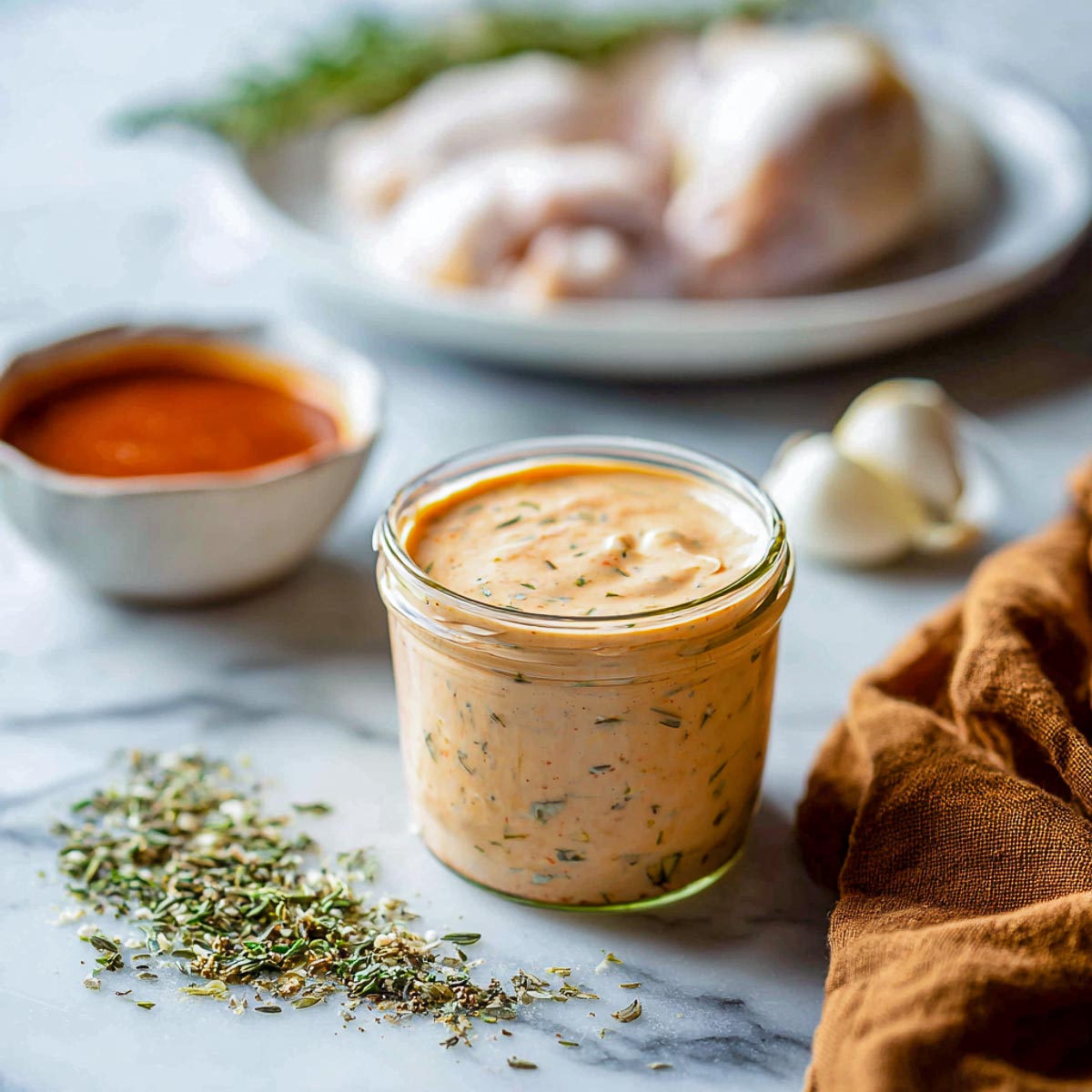 Creamy BBQ ranch yogurt marinade in a glass jar with herbs and raw chicken.