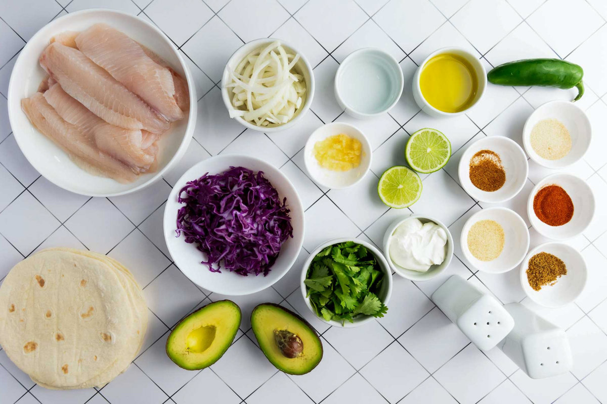 All ingredients laid out for blackened tilapia tacos.