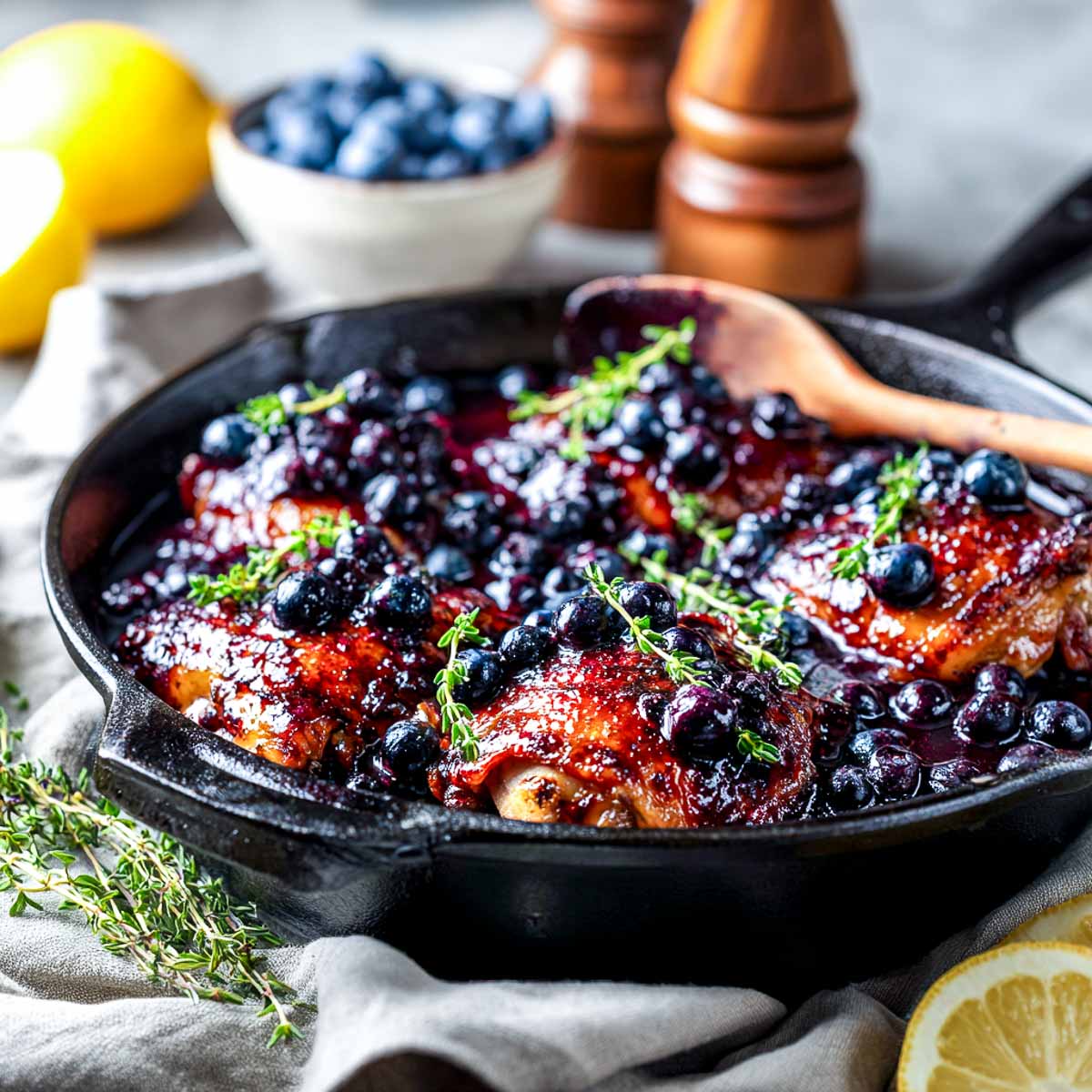 Slightly angled view of cast iron skillet with glazed chicken and blueberries.