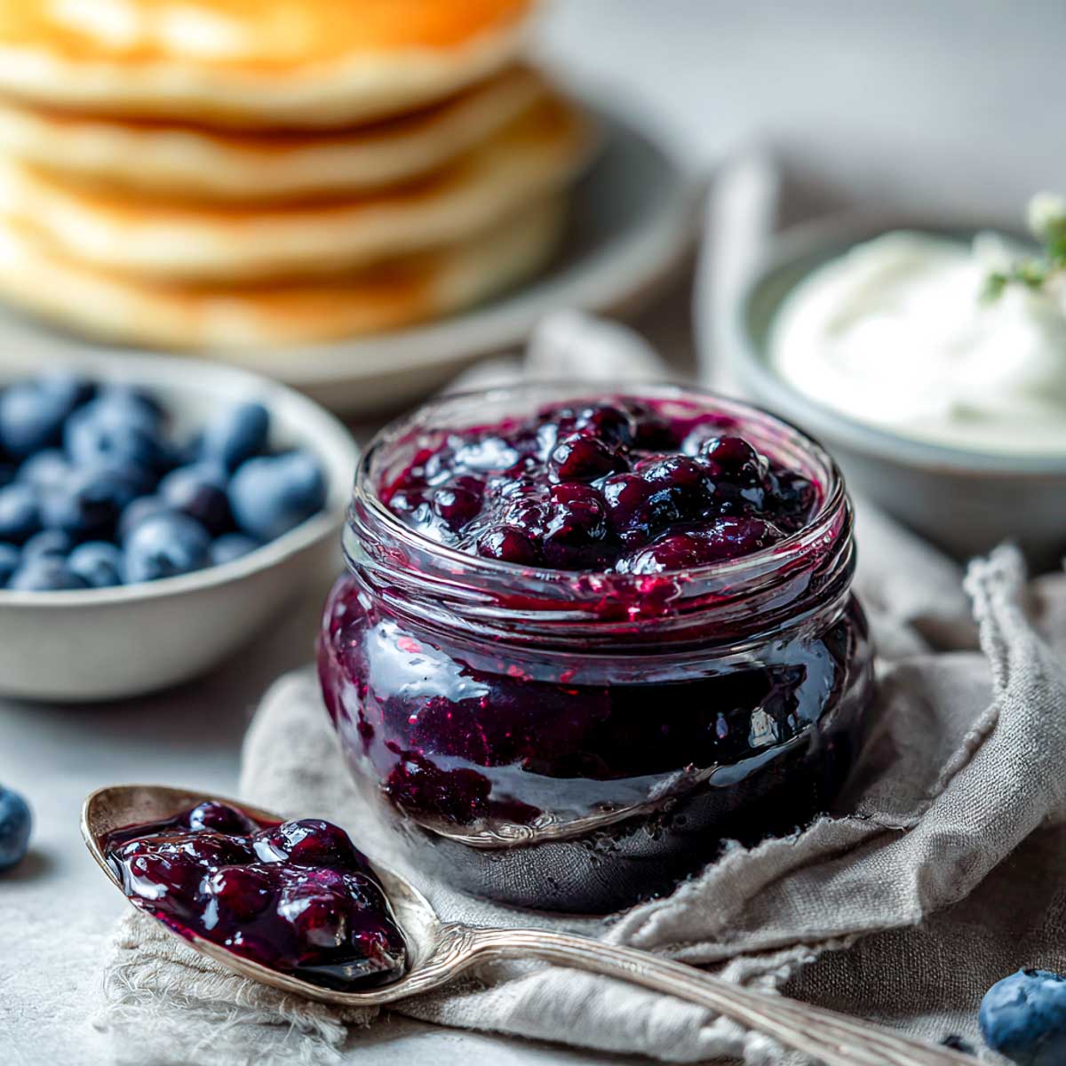 Alt text: Small glass jar of blueberry compote with pancakes in background.