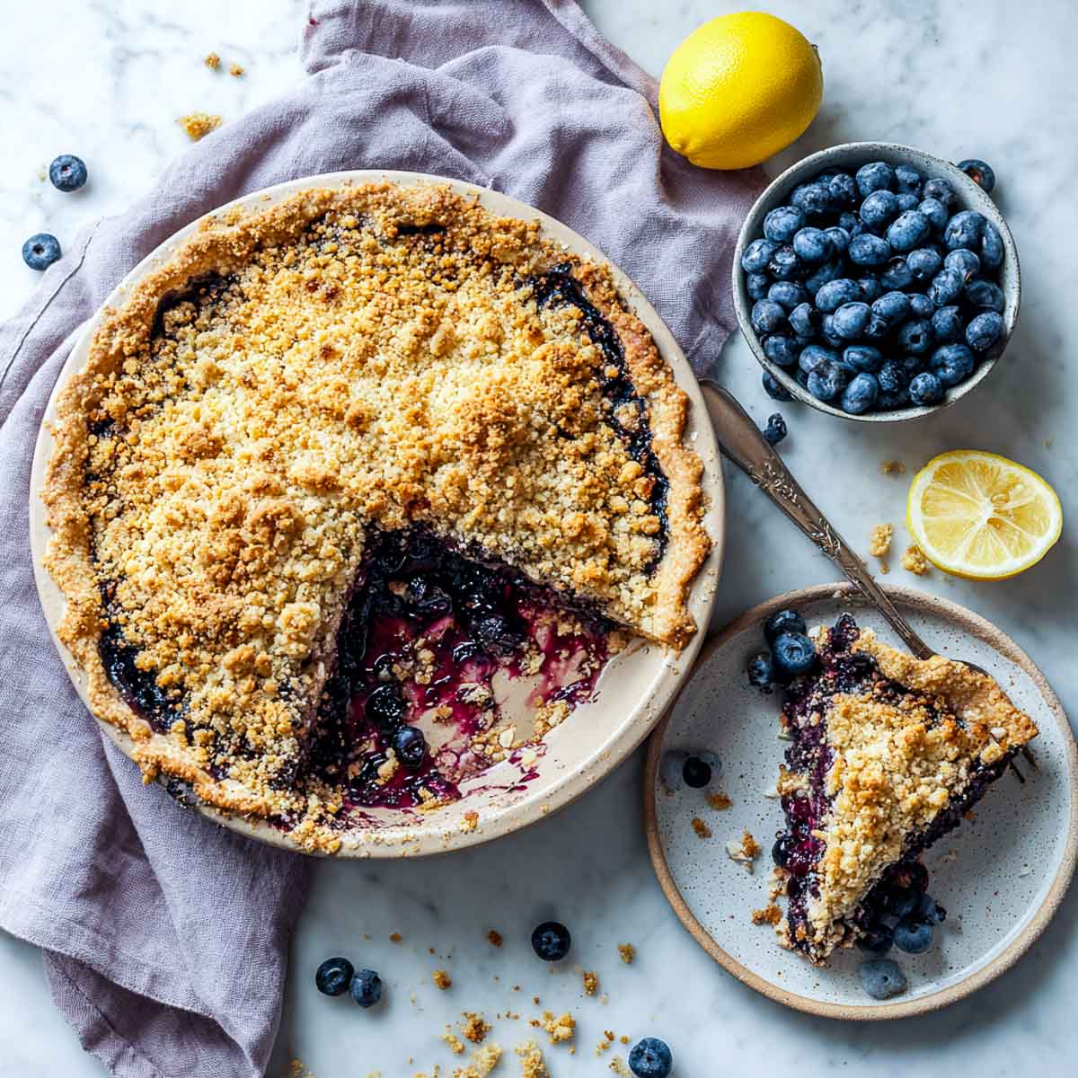 Top-down view of blueberry crumble pie with one slice served on a side plate and blueberries scattered on marble.