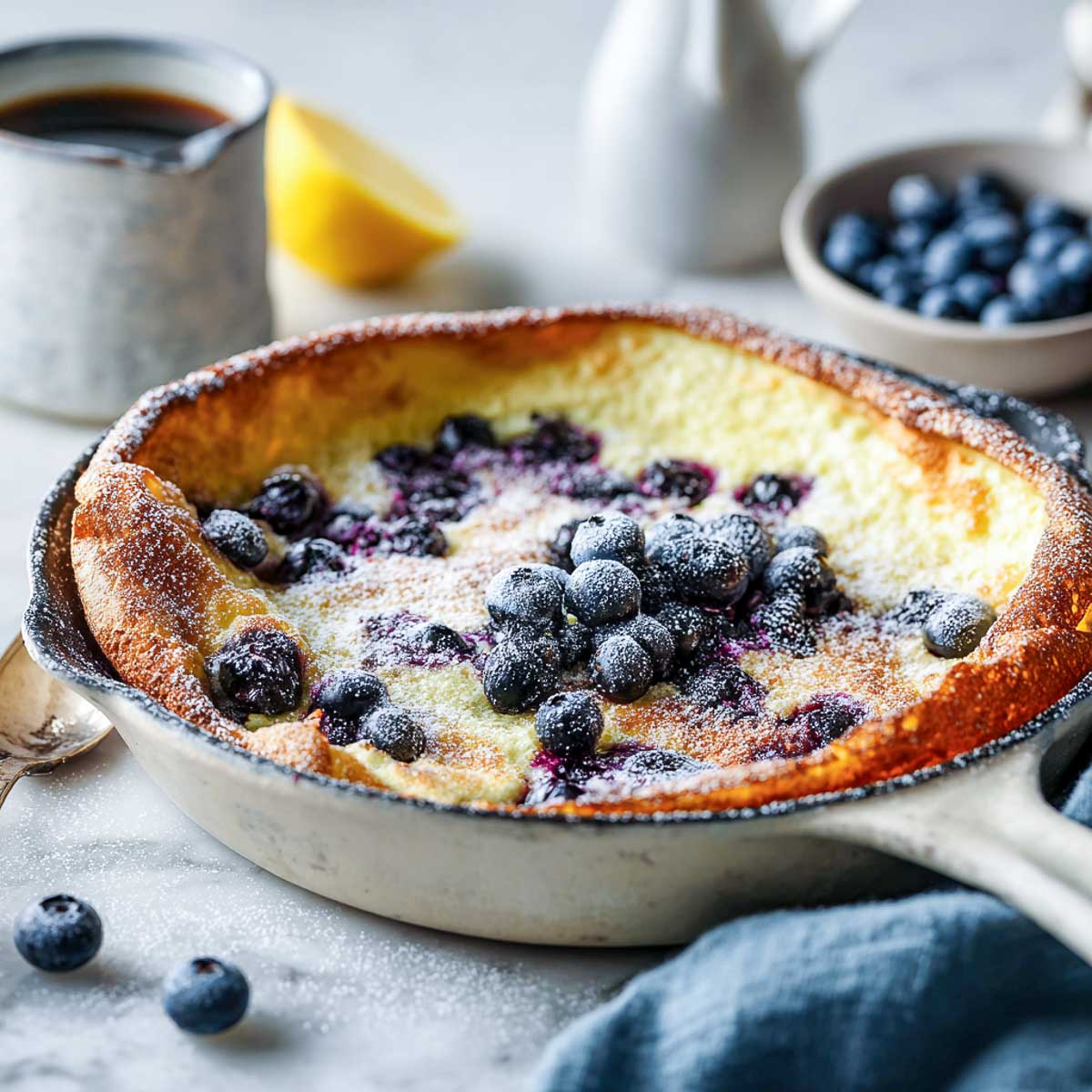 Slightly angled view of blueberry Dutch baby pancake baked in a skillet and dusted with sugar.