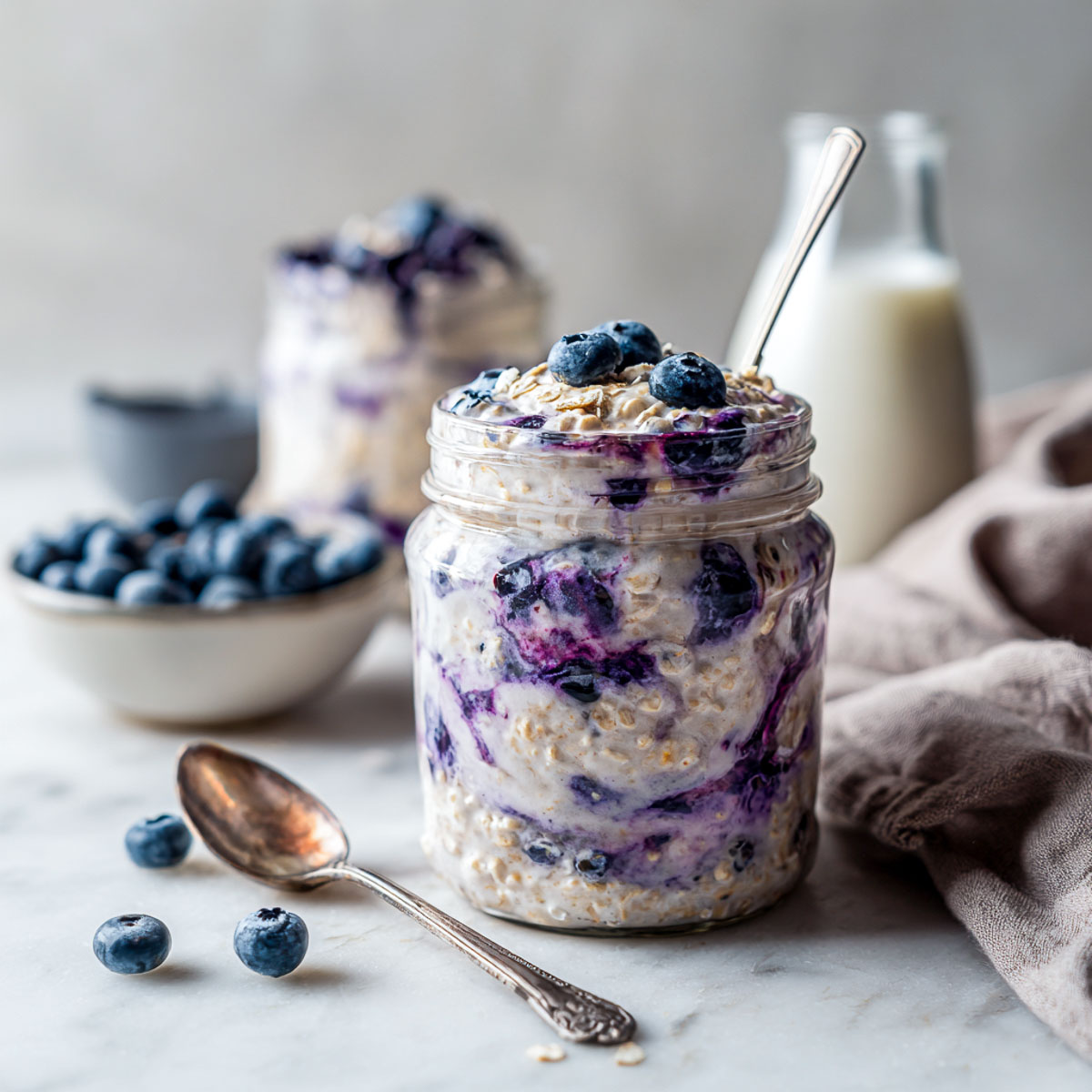 Slightly angled view of jar filled with blueberry overnight oats and fresh berries.
