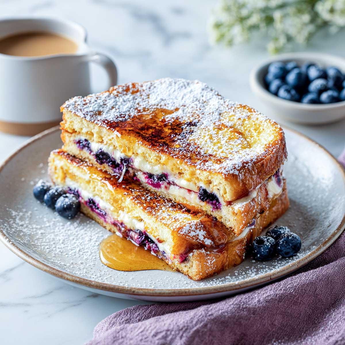 Slightly angled view of blueberry-stuffed French toast with syrup and powdered sugar.