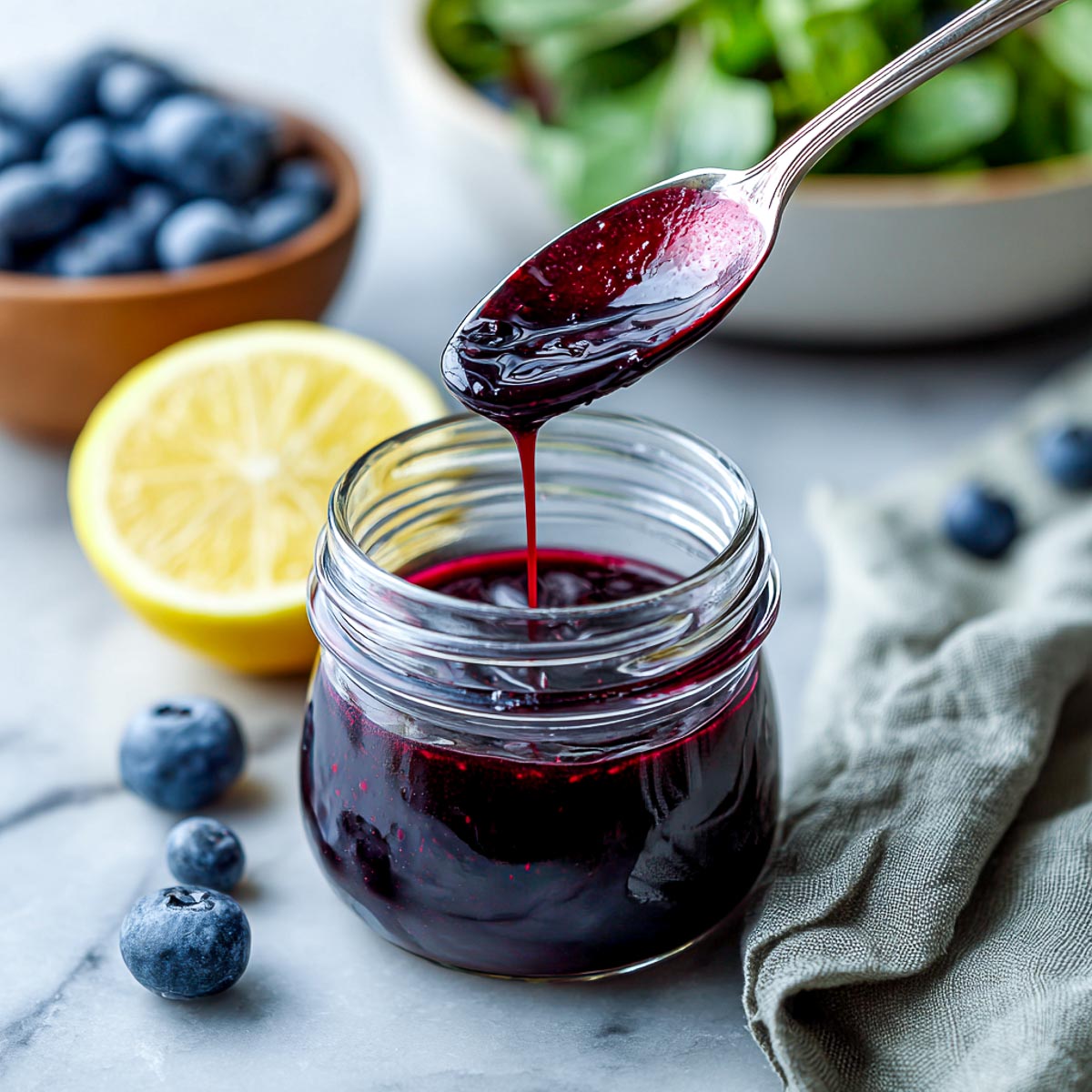 Slightly angled view of blueberry vinaigrette drizzling from spoon into glass jar.