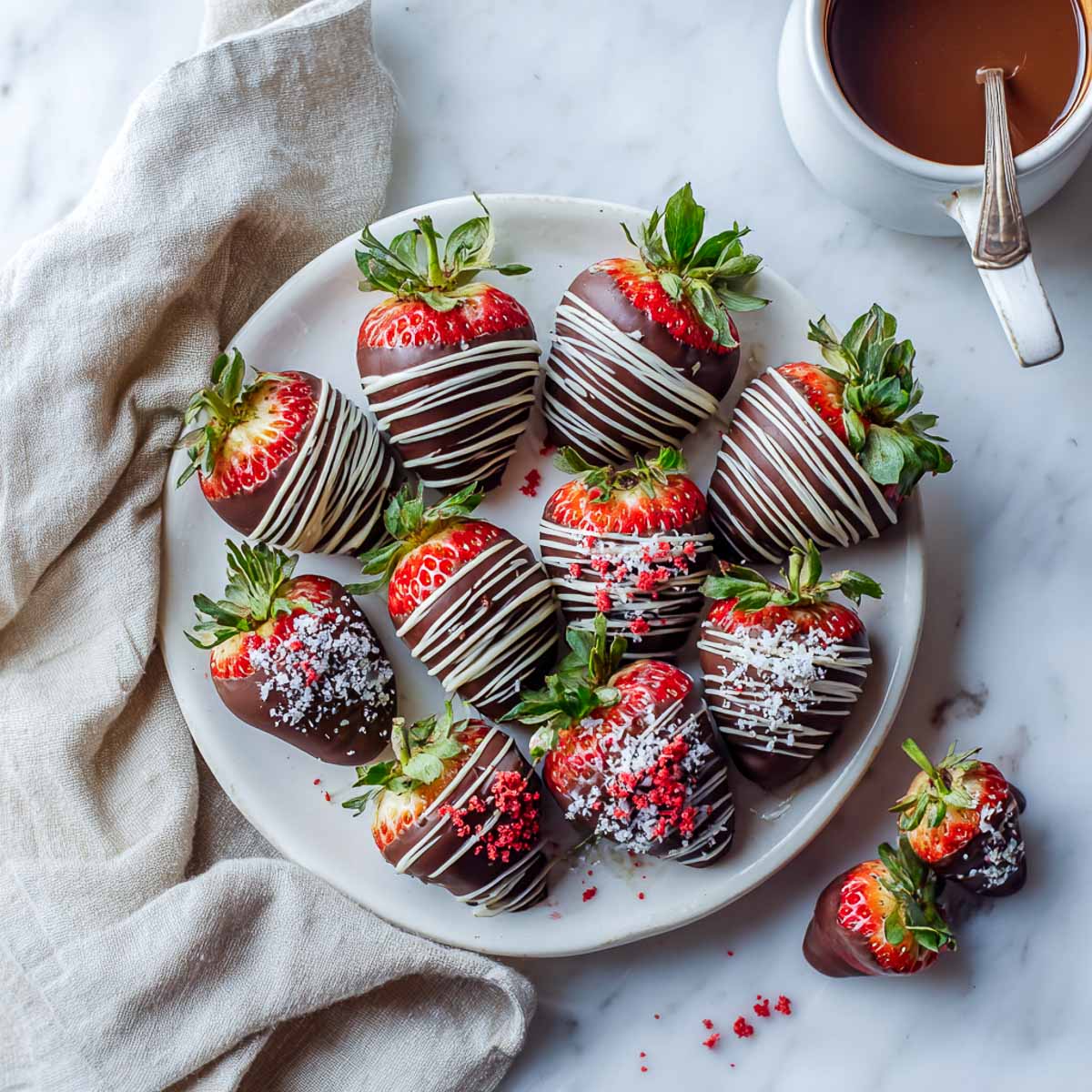 Chocolate dipped strawberries with white drizzle and crushed toppings.