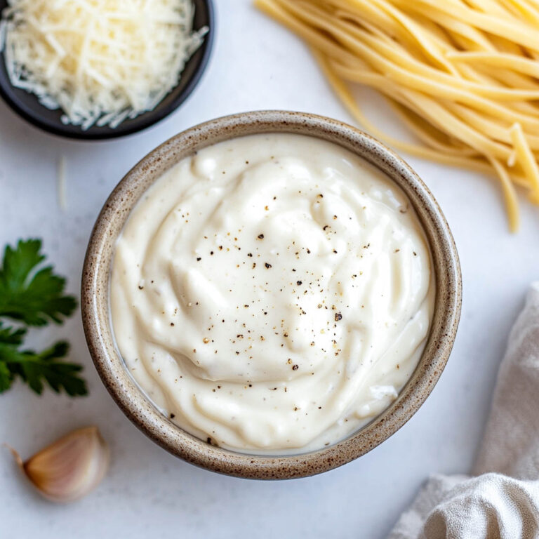 Bowl of creamy cottage cheese Alfredo sauce topped with black pepper, surrounded by Parmesan, garlic, and pasta on a white marble background.